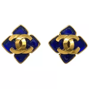 Chanel Rhombus Earrings Gripoix Clip-On Gold Blue 95P 124946 - Picture 1 of 4