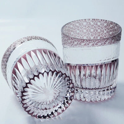 UNMARKED Edo Kiriko Hand Cut To Whiskey Set Glasses 9oz Purple 2PCS For Cold Drink