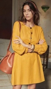 Sezane Candice Leinen Curry Gelb Langarm Kleid GR36 US4 BRUSTUMFANG37 - Bild 1 von 8