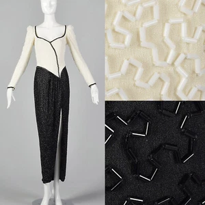 XS Lillie Rubin 1970s Black and White Beaded Gown Wiggle Cocktail Vintage Party - Picture 1 of 10
