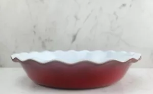 Emile Henry France 10” Pie Quiche Plate Dish-Rustic Red & White-Ruffled Fluted - Picture 1 of 8