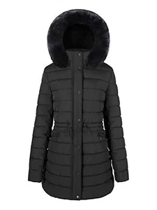 Women’s Winter Puffer Coat Fleece Lined Quilted Winter Jacket with Faux Fur Hood - Picture 1 of 16