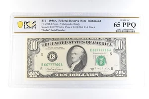 1988 A $10 Richmond VA FRN Fr#2028-E Radar Serial Gem Unc 65 PPQ PCGS *6101 - Picture 1 of 3