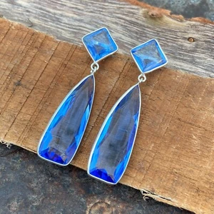 925 Sterling Silver Blue Emerald Glass Handmade Bridesmaid Women Gift Earring - Picture 1 of 6