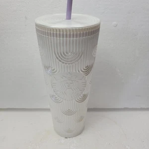 Starbucks 24oz Pearl White Mermaid Cold Cup Tumbler Siren Shell W/Straw 2022 - Picture 1 of 6