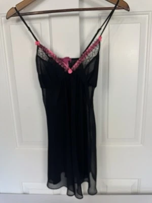 Betsy Johnson Intimates Black Lace Pink Detail Babydoll Negligee Teddy Small - Image 1 of 4