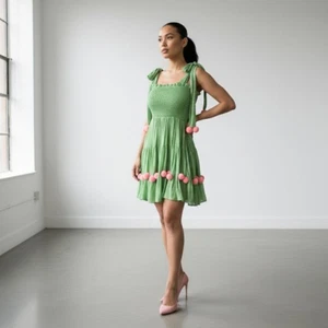 Vestido Solero Verde Rosa Calado Talla M Niveles Kidcore Volantes Coqueta Lentejuelas - Imagen 1 de 9