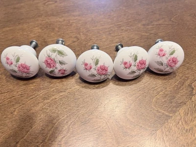 5 Vintage JAPAN Porcelain Drawer/Dresser Knobs/Pulls Pink Roses Motif w/Screws - Image 1 of 4