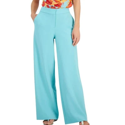 Tahari Aqua Blue Satin Wide Leg Trouser Pants Women's Size 4 Elastic Waist - Image 1 of 4