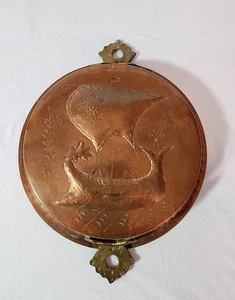 Molde de Cobre De Colección Manijas de Latón Forradas en Estaño Diseño de Barco Hecho a Mano Sartén Grecia Martillado - Imagen 1 de 9