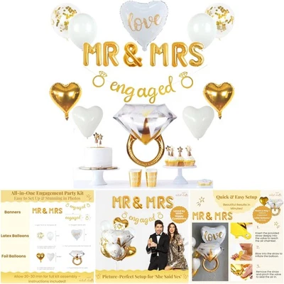 Blanco y Dorado Compromiso Fiesta Decoraciones Banner Sr. Sra Globos Corazón Confeti Foto 1 de 4