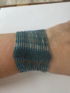 Vintage Handcrafted Beaded Cuff Bracelet, 7.5" Long - Picture 1 of 8