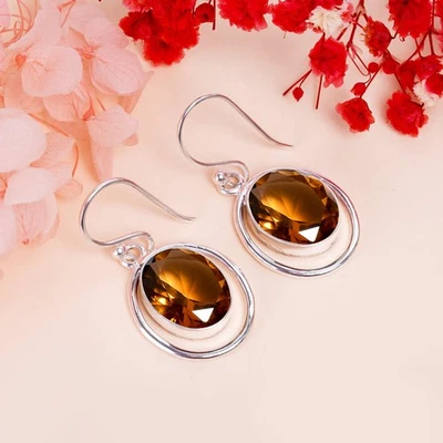 Smoky Quartz Gemstoen Solid 925 Sterling Silver Bridesmaid Handmade Earring V704 - Image 1 of 4