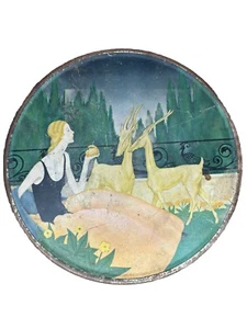 Antique Loose Wiles Biscuit Tin Art Deco lady W antelopes 10" 1920s - Picture 1 of 14