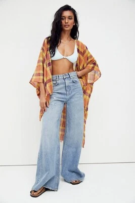 NOVO FREE PEOPLE BLOSSOM XADREZ LINHO QUIMONO BAINHA FRAY ESPANADOR XS P M G - Imagem 1 de 2