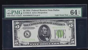 US 1934 $5 FRN Dallas LGS FR 1955-K PMG 64 EPQ Ch CU (171) - Picture 1 of 2