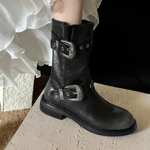 Scarpe stivali moto donna chic pelle punta tonda fibbia cinturino metà polpaccio  - Foto 1 di 14