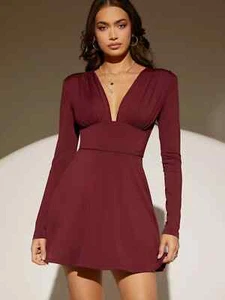 Sexy Casual Wine-Red Long Sleeves Plunging V Neck Ruched Dress Short High Waist - Picture 1 of 4
