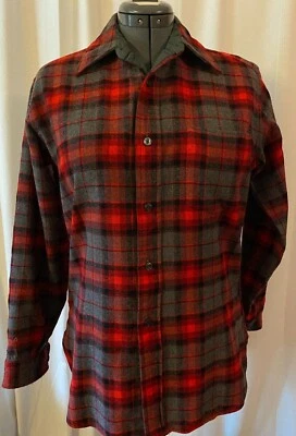 PENDLETON КЛЕТКУ LODGE рубашка, мужской средний. 1970-е?  Серый, красный, черный клетчатый. VGUC! - Изображение 1 из 4