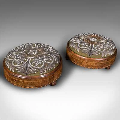 Par de reposapiés antiguos, inglés, nogal, taburete acolchado, victoriano temprano Foto 1 de 4