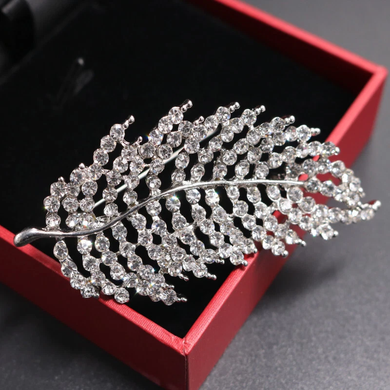 2.94" Large Vintage Deco Look Silver Tone Feather Crystal Leaf Brooch Gift Pin - Image 1 of 4