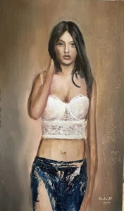 Original Ölgemälde Leni Klum Realismus Modell Sexy Handgemalt Dessous Erotik - Bild 1 von 8