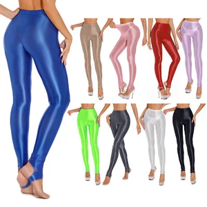 Womens High Waist Glossy Shiny Yoga Pants Training Dance Sports Stirrup Leggings - Picture 1 of 29