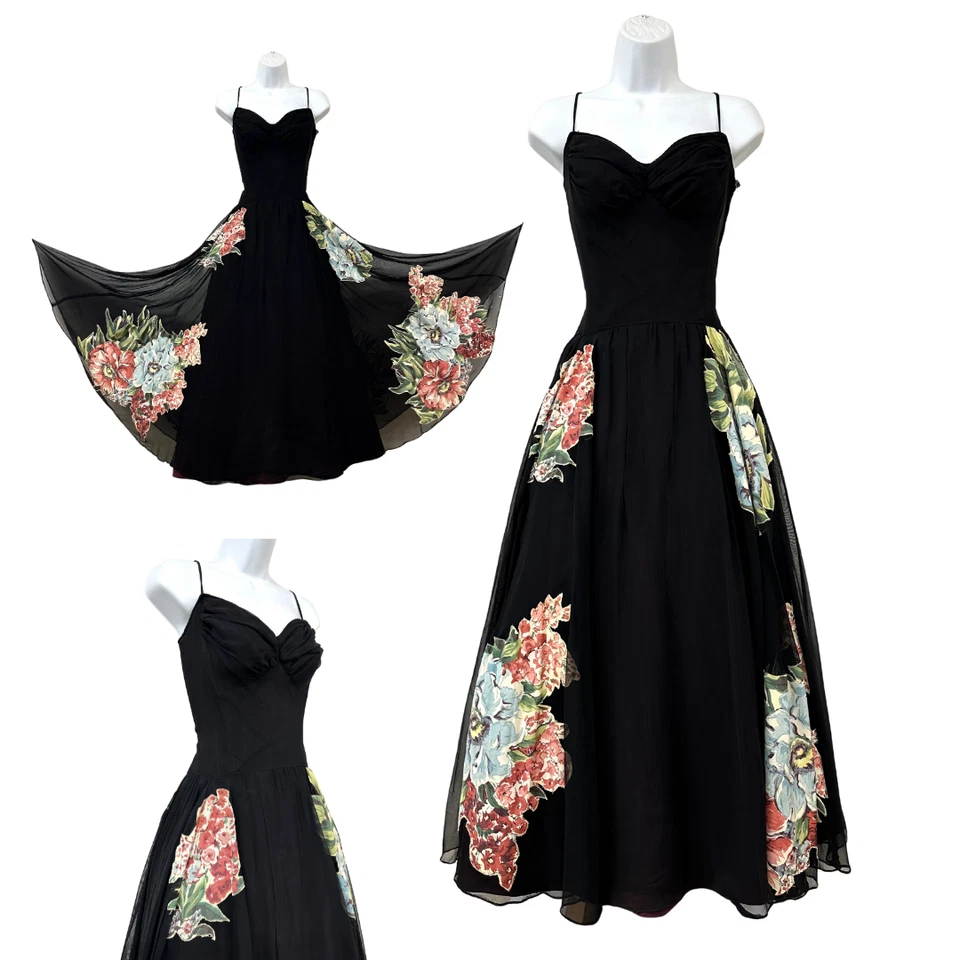 Maxi Vestido Formal Vintage Años 40 con Apliques Florales Negro Transparente Novia Foto 1 de 4