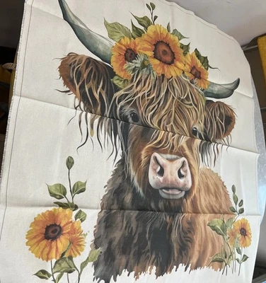 Colorful Longhorn Steer Sunflowers Burlap Decor Fabric Panel Hanging NEW 36”sq - Image 1 of 4