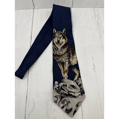 Corbata de seda Field & Stream Wolf vintage azul marino gris marrón vida silvestre Timberwolf Foto 1 de 4