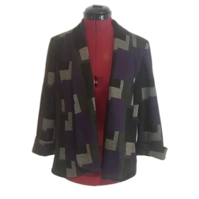 Kasper Blazer Size 8 Purple/Gray Geometric Pattern Open Front 3/4 Cuffed Sleeve - Image 1 of 4