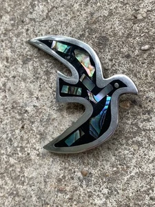 VINTAGE MEXICO ARTISAN 925 Sterling Silver Abalone Inlay Bird Motif Brooch Pin - Picture 1 of 6