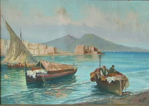 NEAPEL ITALIEN BAY mit BOOTEN VESUVIUS um 1940 IMPRESSIONIST MITTE DES JAHRHUNDERTS SIGNIERT - Bild 1 von 8