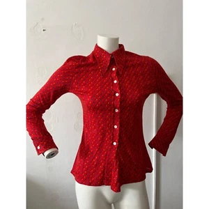 Vintage Michel Comte French red yellow blue candy corn long sleeve blouse Small - Picture 1 of 7