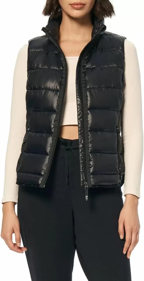 Chaleco acolchado Andrew Marc para mujer delantero central con ribete de PU y espalda tejida con sudor, M Foto 1 de 1