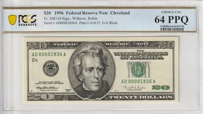 $20 1996 FRN Fr# 2083-D ADA Block PCGS Gem UNC 64 PPQ Cleveland Low Serial # - Image 1 of 2