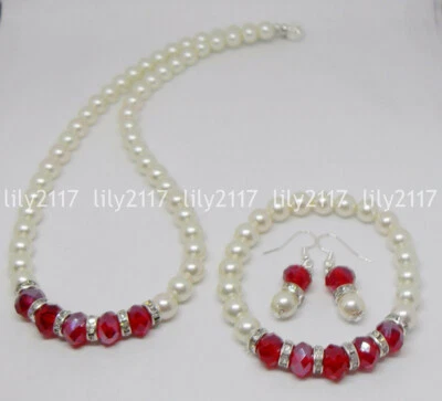 Juego de aretes collar gemas de cristal facetado rojo perla concha blanca de 8 mm Foto 1 de 4