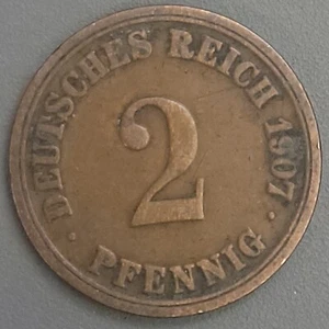 1907 A Germany 2 Pfennig Coin - Copper - Imperial Eagle - Picture 1 of 2