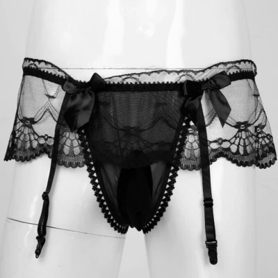 Porte-jarretelles homme string jupette noir tulle dentelle transparent sexy - Photo 1/4