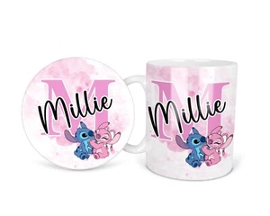 Splash blau rosa Stich Geschenk Initiale personalisierte Keramiktasse &/oder Untersetzer Set - Bild 1 von 1