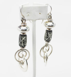 Two Inch Dangle Silver Tone Earring with Handmade African Bead