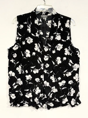 Camiseta sin mangas para mujer Ninety Clothing Co XL negra blanca floral tejida solapa de rayón cuello en V Foto 1 de 4