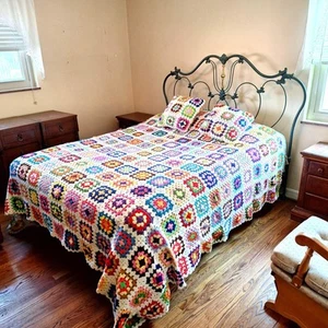 Bedspread & Pillows Crochet Handmade Multi-colored Granny Square Queen 102"x88" - Picture 1 of 6