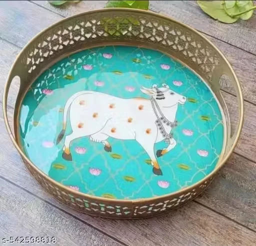 Metal Round Tray Cow Pichwai Tray 8in | Home Decor, Wedding Gift, Multiuse - Image 1 of 1