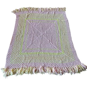 Vintage Afghan Pink Yellow Fringe Handmade Crocheted Chunky Knit Blanket 56"x47" - Picture 1 of 8