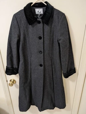 Sz 12 VTG Trilogi Collection Girls's Gray Wool Dress Coat W/ Black Velour Trim - Image 1 of 4