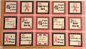 Breast Cancer Pink Ribbon Panel Cotton Fabric Fight Like A Girl OOP HTF Windham - Picture 1 of 13