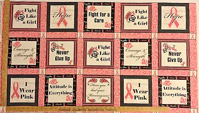 Breast Cancer Pink Ribbon Panel Cotton Fabric Fight Like A Girl OOP HTF Windham - Image 1 of 4