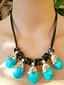 NEW DECO STYLE NECKLACE BLACK TRIPLE CORDED BLUE RESIN CLEAR AMBER CRYSTALS - Picture 1 of 12