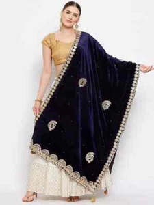 Woman's Scarf Navy Blue & Gold Chunni Gotta Embroidered Velvet Dupatta Shawl - Picture 1 of 4